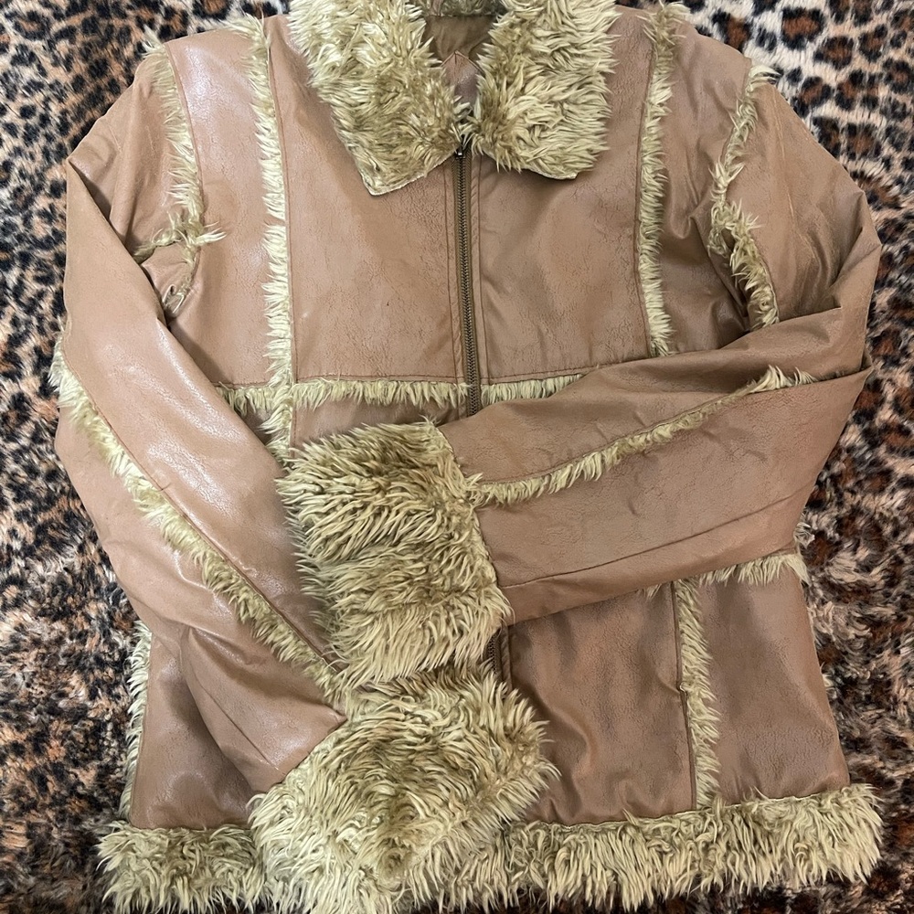 Me Jane Tan and Cream Teddy Jacket with Faux Fur Trim